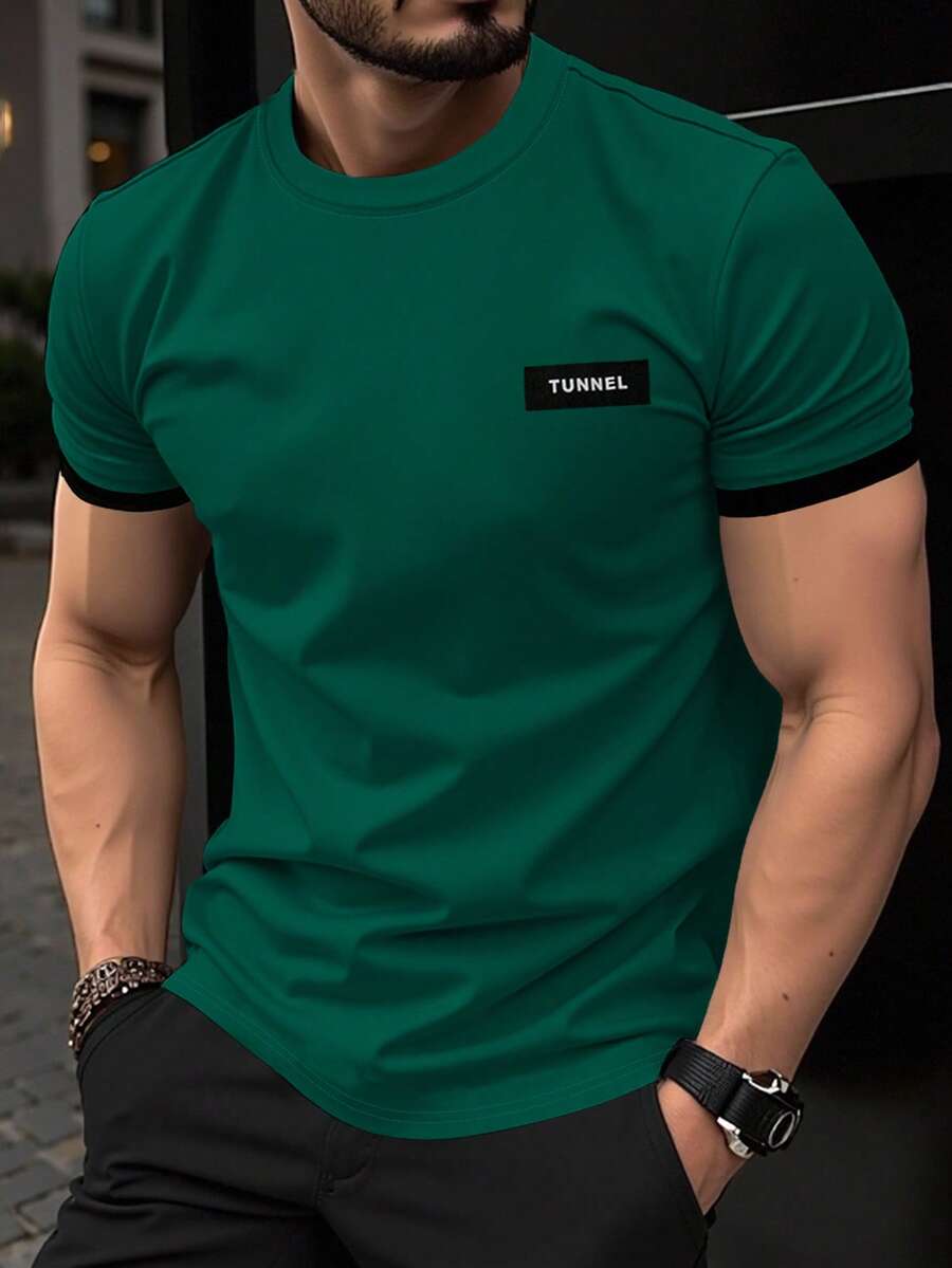 Manfinity Homme 男士休闲字母贴片撞色滚边短袖T恤，夏季 - 彩色 - 查看 1