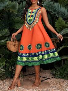 SHEIN Lady Petite Lady Petite Women's Floral Print Sleeveless Casual Midi Dress,Orange Summer Boho Tropical Vacation Holiday Beach Outfits Elegant Spring Summer Clothes - Multicolor - View 4