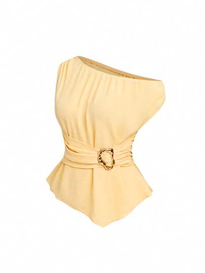 Qadelle Blusa de verano de manga corta para mujer con decoración de hebilla de metal elegante y delicada, cuello plisado y hombros