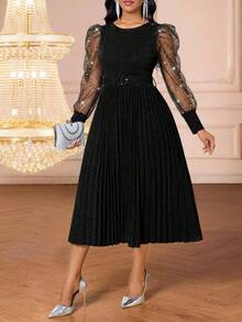 SHEIN Lady Đầm dài tay cổ tròn, thắt eo, xếp ly, thêu họa tiết dành cho nữ. - màu đen - Xem 6