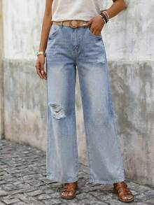 Brillora Women's High Waist Pocket Distressed Wide Leg Loose Casual Jeans - Light Wash - View 5