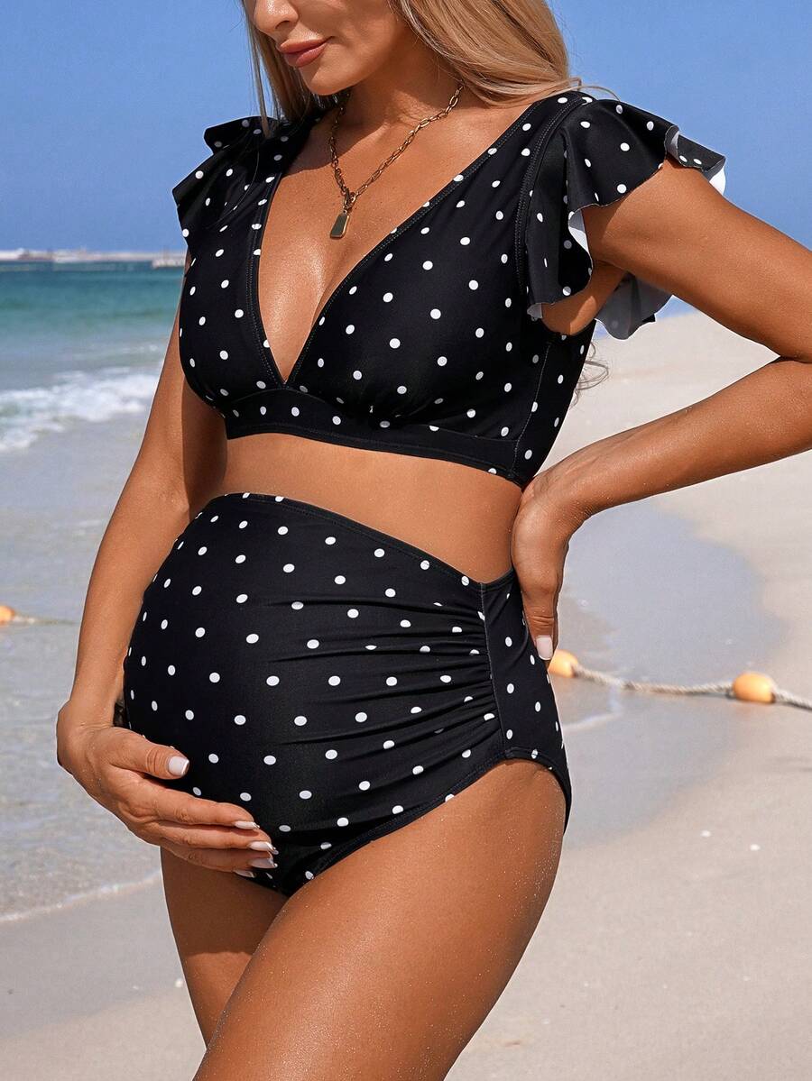 Momance 2026 Summer Beach Holiday 1920s Flapper Black & White Polka Dot High Waist Ruffled V-Neck Maternity Swimwear Set,Women's 2 Pieces Bathing Suits Boho