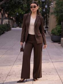 Andrea Bello Women's Solid Color Waist Cinched Jacket And Pants Suit Set - Brown - View 5