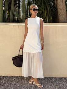 DAZY Women's Sleeveless Frill Trim Dress With Mesh Patchwork Sundress Summer - Ivory White - View 2