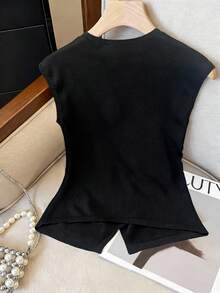 GlowEve Women's Elegant Sleeveless Asymmetrical Criss-Cross V-Neck Cardigan, Spring/Summer - Black - View 2