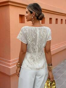 Selianne 1pc Women's Sequin Embroidered Sheer Pleated Waist A-Line Fitted Elegant Blouse, Suitable For Work And Casual Wear, Spring/Summer - Apricot - View 2