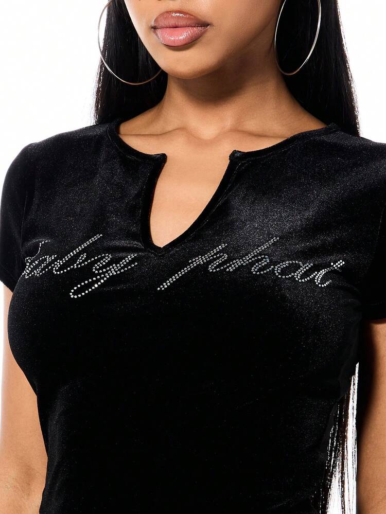 BABYPHAT Velour Notch Neck Baby Tee With Rhinestone Detail Short Sleeve Crop Top For Women Fall Winter Fashion