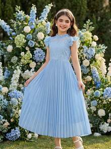 SHEIN 少女圆领喇叭短袖蕾丝拼接褶皱飘逸连衣裙，适合日常或派对穿着，四季皆宜 - 藍色 - 查看 3