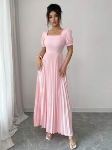 Elenzga Women's Elegant Solid Color Square Neck Pleated Dress - Pink - View 7