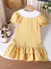 SHEIN Elladie kids Young Girl Lace Patchwork Front Button Contrast Color Ruffle Hem Short Sleeve Dress - Yellow - View 2