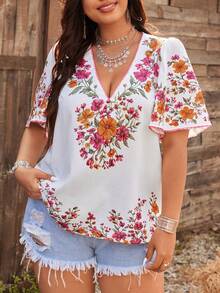 Ceyna Blouse à col V à manches courtes, style bohème, imprimé multicolore en faux lin, pour femmes, printemps/été - Multicolore - Voir 3