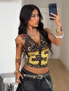 Coolane Women's Summer Going Out Festival Birthday Party Western Wear Vacation Outfits Concert Y2K Streetwear Sport Casual Breathable Mesh Leopard Print Graphics Number Pattern Swing Collar Slim Fit Backless Crop Top - Rust Brown - View 2