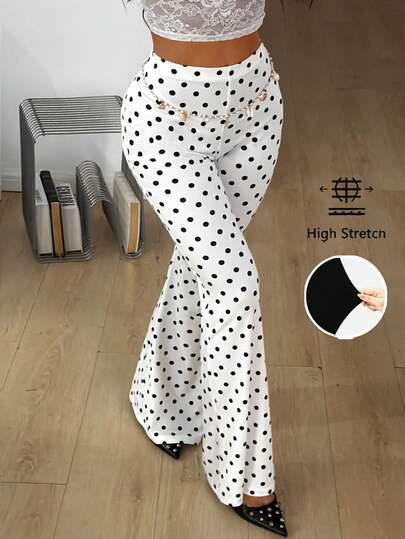 Coolane White Polka Dot Knit Skinny Flare Pants For Women