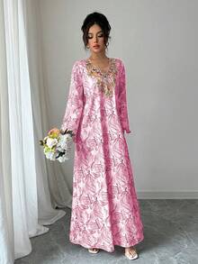 Yasmyna Đầm nữ cổ chữ V tay dài đính sequin thêu họa tiết nhiều màu sắc, dáng rộng, thanh lịch, lãng mạn theo phong cách Ả Rập. - Hồng - Xem 6