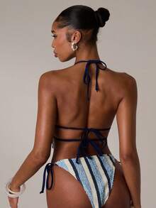 SHEIN BAE 2pcs Women Knitted Halter Removable Padded Bikini Top And Side Tie Swim Shorts Set - Blue - View 2