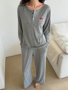 DAZY 女士两件套猫咪图案罗纹宽松长袖长裤睡衣套装，秋季款 - 白色 - 查看 1