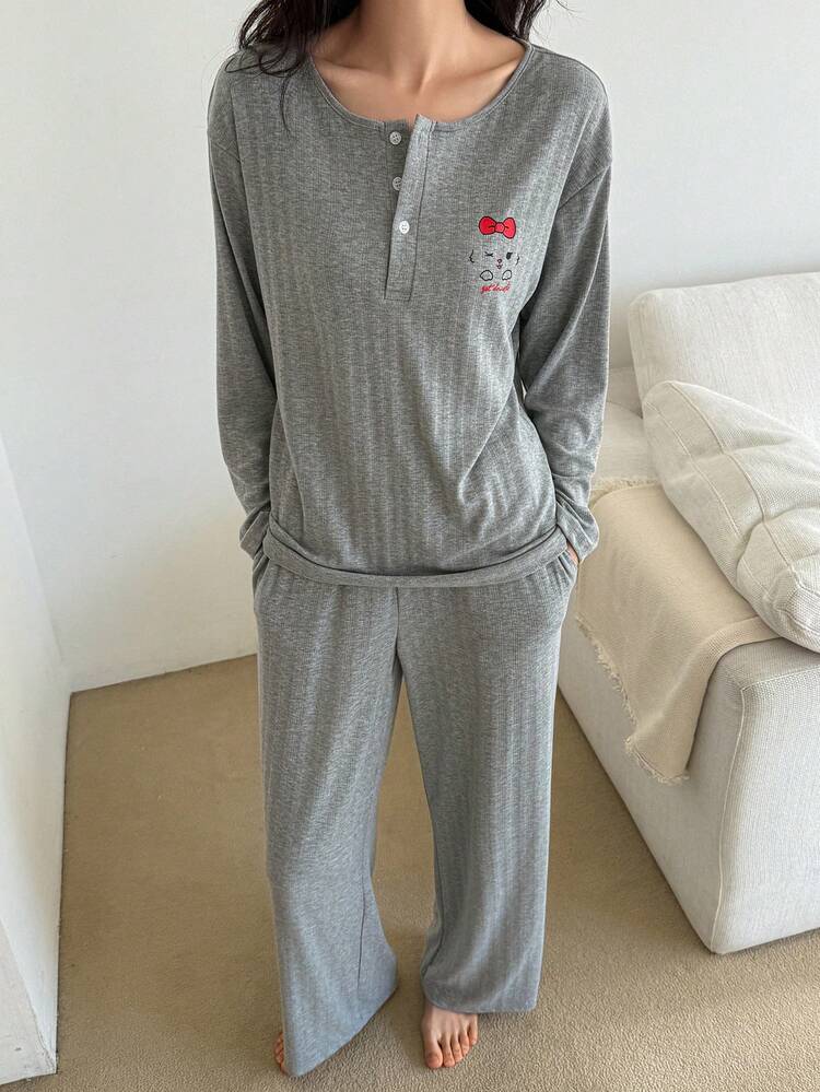 2pcs Cat Pattern Ribbed Fabric Loose Long Sleeve & Long Pants Pajama Set For Women, Autumn