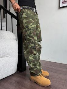 Manfinity Roughcore Quần jean nam denim rách rưới kiểu dáng thường ngày, họa tiết rằn ri, nhiều túi. - Nhiều màu - Xem 7