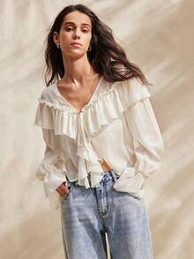 Easelle 波西米亚风V领荷叶边宽松薄纱浪漫性感女式衬衫 - 杏色 - 查看 3