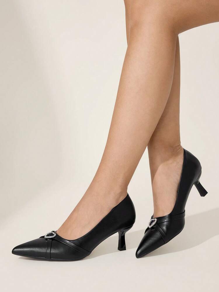 CUCCOO CHICEST Women Shoes Summer And Summer. New Pointed Thin Heel High Heel Romantic And Elegant Black PU With Love Point Rhinestone Buckle Women's High Heel Shoes Dress Shoes Bridal Shoes Wine Ceremony Season Collection For Valentine's Day Elegant And Versatile Wedding Shoes Summer Shoes Bride Shoes