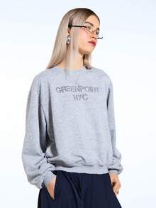 COUREZ Áo sweatshirt dáng rộng in họa tiết Green Point / Áo sweatshirt màu xám phong cách Y2K mùa xuân, trang phục thường ngày đường phố dành cho nữ, thích hợp đi học trở lại vào mùa hè. - Xám - Xem 6