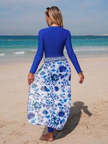 Swim Shayni 1pc Women's Blue Zip-Up Long Sleeve Long Leg Skirt Burkini, Beach Leisure Vacation - Multicolor - View 2