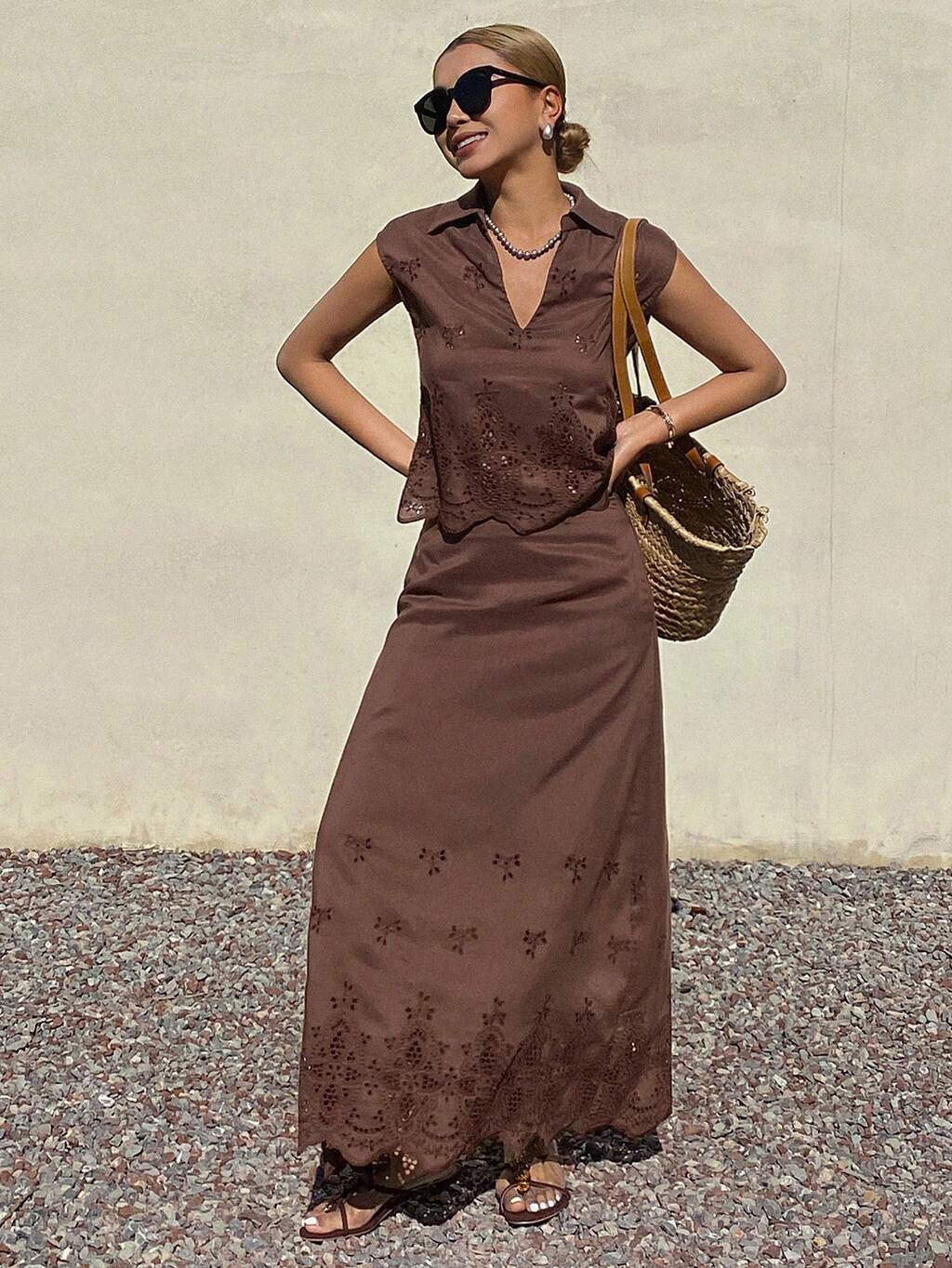 Women's Collared Hollow-Out Sleeveless Top & Skirt 2 Pieces Set, Vacation Outfit