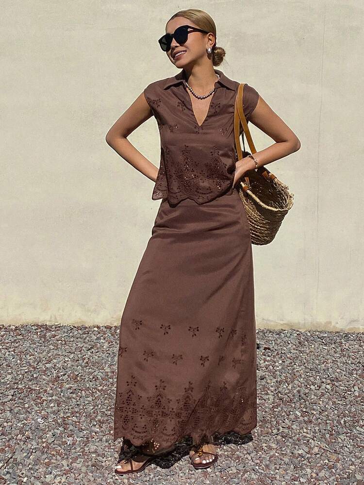 Women's Collared Hollow-Out Sleeveless Top & Skirt 2 Pieces Set, Vacation Outfit