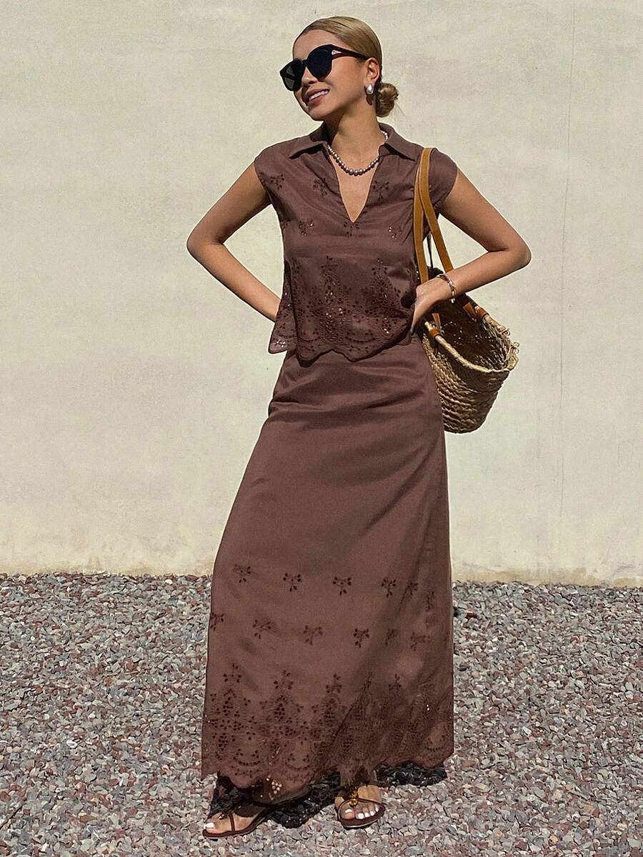 DAZY Women's Collared Hollow-Out Sleeveless Top & Skirt 2 Pieces Set, Vacation Outfit - Coffee Brown - View 1
