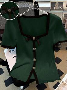 GlowEve CURVE Plus Size Women Metal Button & Sequin Bow Decor Fitted Short Sleeve T-Shirt, Round Neck, Suitable For Summer Vacation - Green - View 1