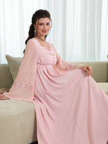 Al Najma 斋月浪漫方领喇叭袖飘逸长款连衣裙，修身显瘦，春夏款 - 粉色 - 查看 1