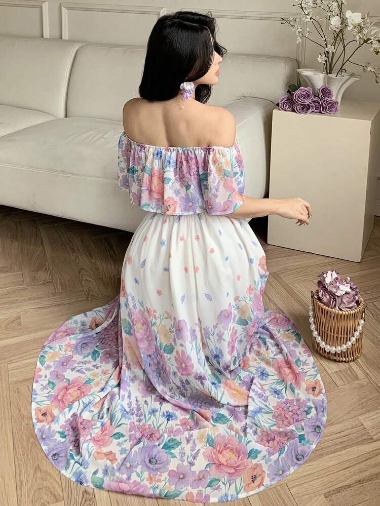 Off-Shoulder Ruffle Hem Dress, Women's New Waist-Cinching Slimming Floral Chiffon Dress, Elegant Vacation Dress Summer Boho