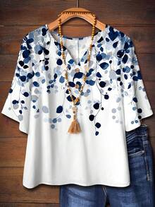 EMERY ROSE Plus Size Elegant Blue & White Leaf Print Casual Shirt, Suitable For Summer - Multicolor - View 7