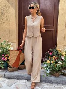 SHEIN Frenchy 女士休闲度假通勤纯色V领单排扣无袖上衣和阔腿裤套装，春夏款 - 卡其色 - 查看 4