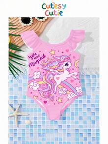 SHEIN Traje de baño de una pieza con estampado de fresa y volantes para niña, /verano - Multicolor - Ver 6