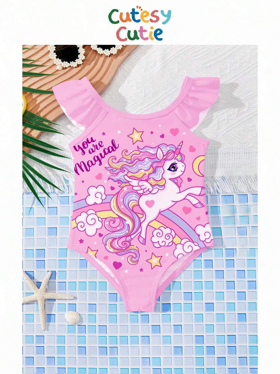 SHEIN Traje de baño de una pieza con estampado de fresa y volantes para niña, /verano - Multicolor - Ver 1
