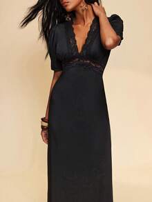 Travachic Đầm nữ dáng ôm cổ chữ V phối ren màu đen trơn, kiểu dáng xòe eo, mới năm 2026. - màu đen - Xem 1