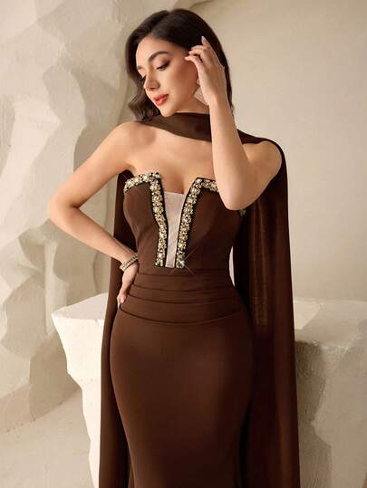 Coutiva Women's Elegant Rhinestone Decor Fitted Mermaid Hem Formal Evening Party Strapless Dress With Sash