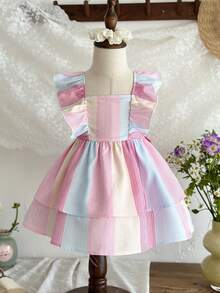 LMoss Kids 女婴方领可爱短袖条纹蝴蝶结连衣裙 - 彩色 - 查看 4