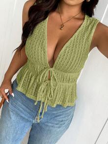Lounesse Plus Size Women's Summer Sexy Beach Vacation Style Solid Color Textured Fabric Deep V-Neck Tie Front Camisole, Summer Tops - Green - View 1