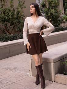 Andrea Bello Solid Corduroy Flare A-Liner Brown Skirt Winter Casual,Fall,Fall Clothes For Women,Winter Clothes For Women - Coffee Brown - View 3