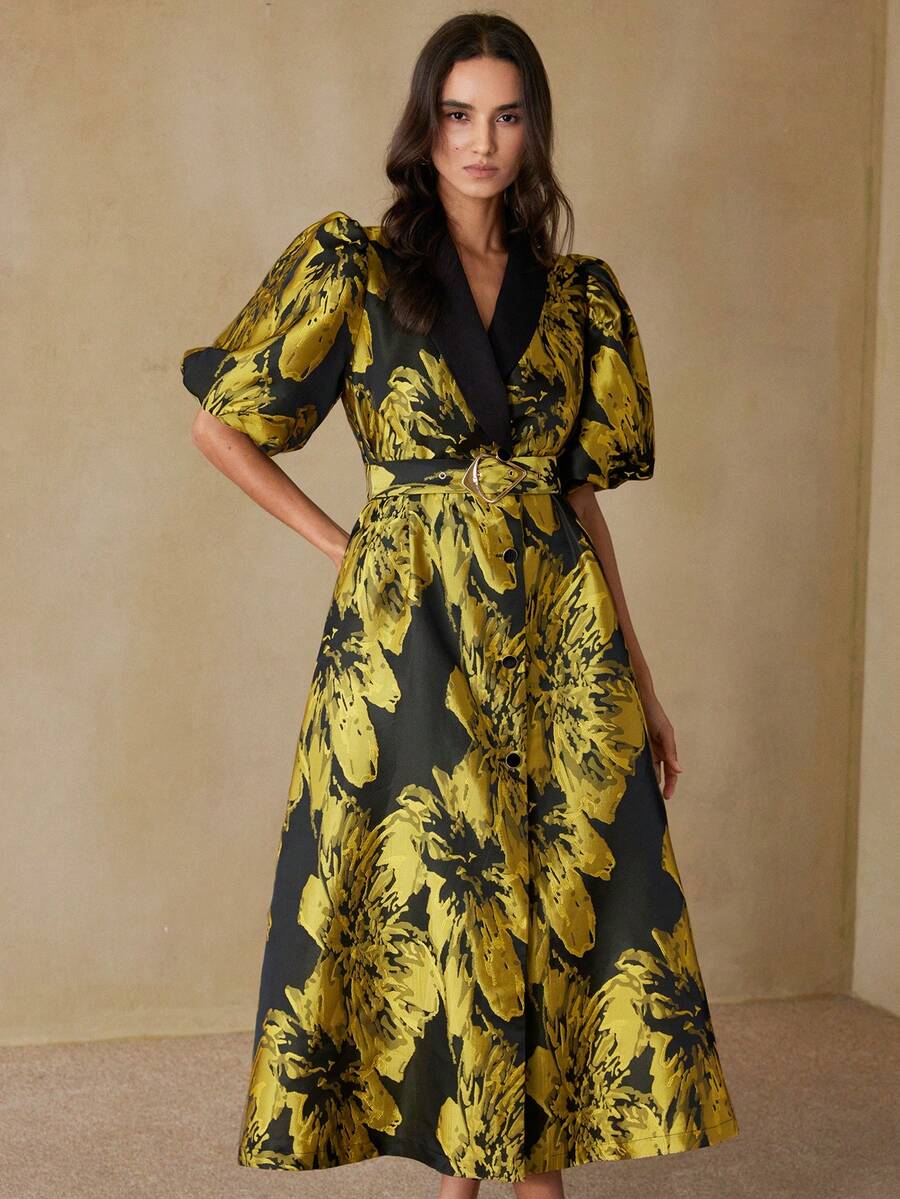 BELROSIE Textured Jacquard Elegant Waist-Cinching Long Dress With Contrast Color Collar, Metal Buckle Belt And Balloon Sleeves - Multicolor - View 1