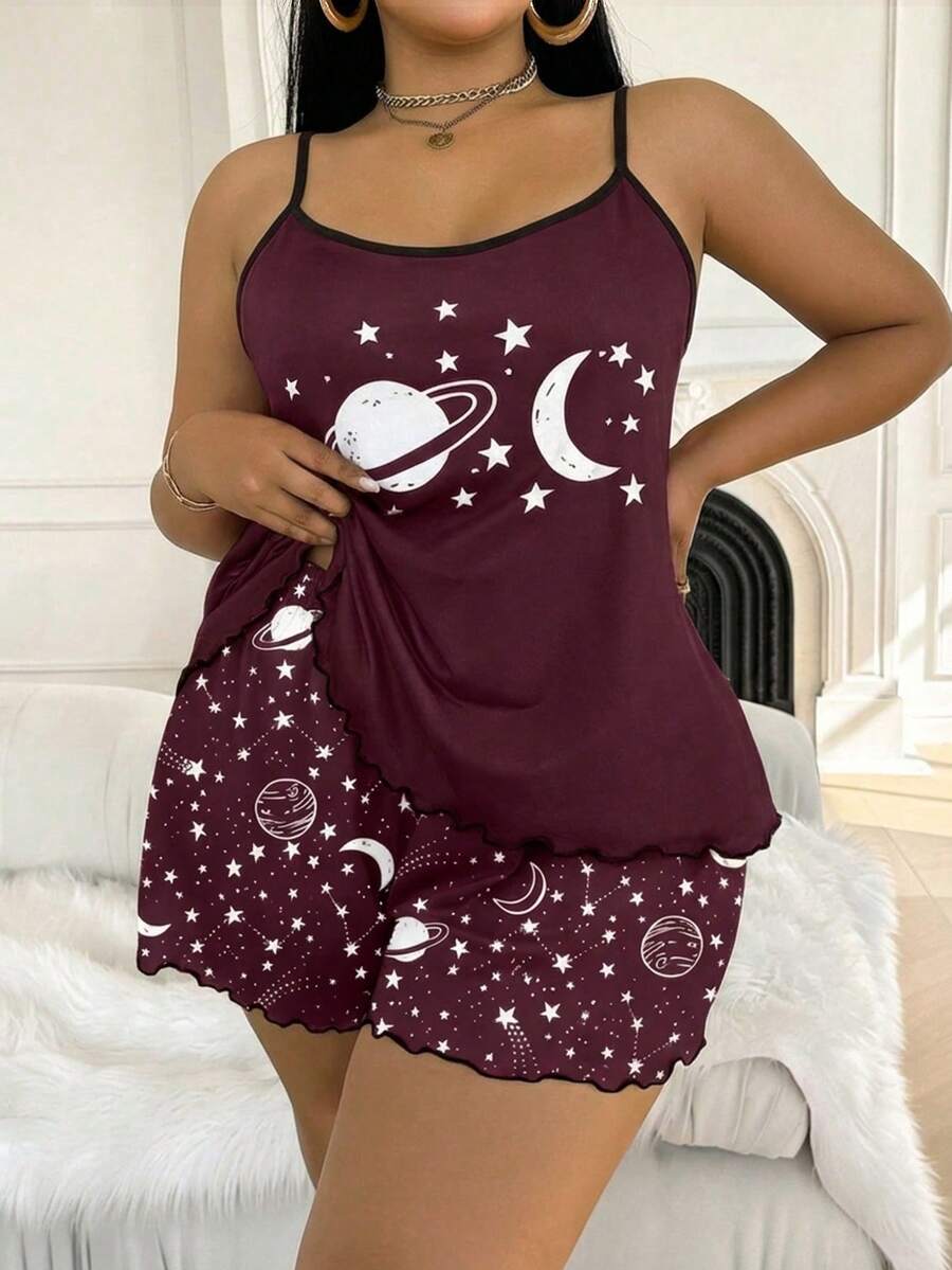 DUSKBASE Plus Size Women Starry Sky Print Camisole & Shorts PJS, Casual Sleep Two Piece Night Set Plus Size Pajama Short Set Two Piece Sleepwear - Multicolor - View 1
