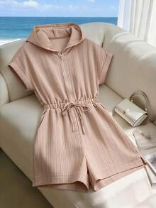 GlowEve Women's Spring/Summer Casual Vacation Textured Ribbed Raglan Sleeve Hooded Zip-Up Cinched Waist Wide Leg Short Jumpsuit - Khaki - View 3