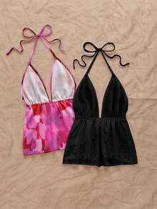 Soleia Bộ 2 áo hai dây cổ yếm buộc dây, kiểu dáng thanh lịch, đa năng, màu hồng fuchsia ấm áp với họa tiết trừu tượng và màu đen trơn, thoải mái cho mùa xuân/hè. - Nhiều màu - Xem 2