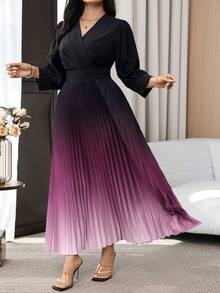 Modelyn Plus Size Elegant Commuter Ombre Pleated Hem Dress - Multicolor - View 6