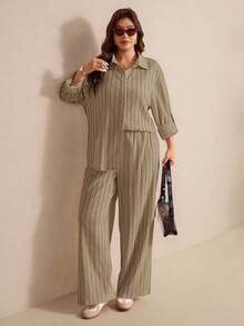 SHEIN Elaquor Plus Size Casual Minimalist Basic Striped 2 Pieces Set, Loose Fit - Khaki - View 5