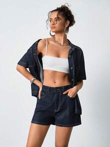 SHEIN Women Denim Shirt And Short Set Oversize Short Sleeve Shirt And Short Summer Denim Two Pieces Set Dark Blue Washed - Dark Wash - View 2