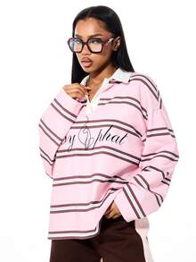 BABYPHAT Logo Stripe Oversized Long Sleeve Collared Polo Rugby Top With Graphic Print Front - Baby Pink - View 4
