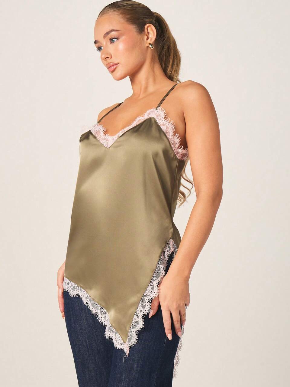 MISSGUIDED Asymmetric Satin Cami With Lace Trim Long Line Sleeveless Tank Top For Evening And Casual Wear